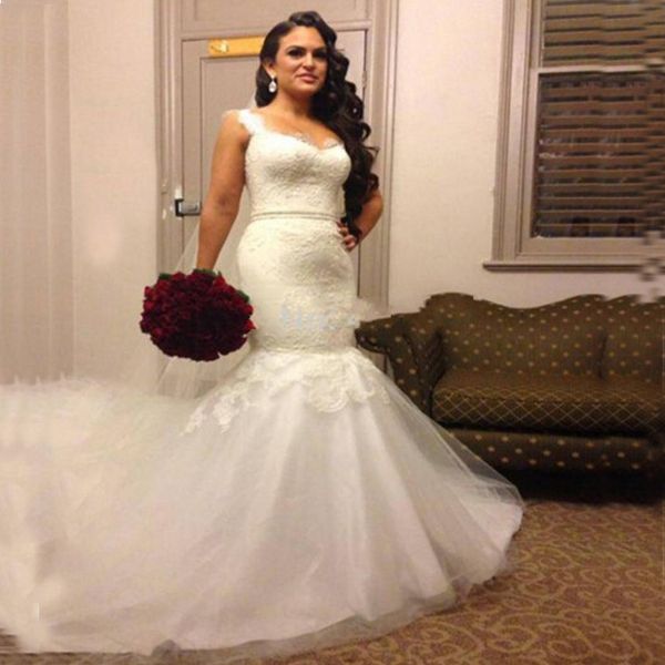 

plus size 2019 wedding dress mermaid wedding gowns scoop neck lace appliques exquisite beading tulle skirt bridal wear high quality, White