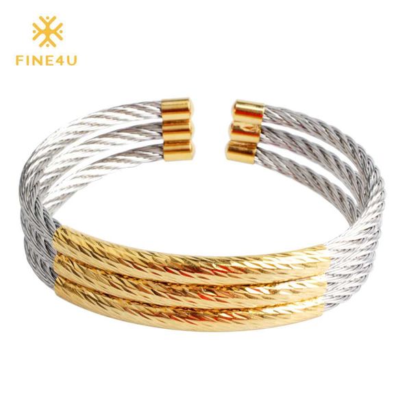 

2018 new fine4u b042 multi-layer cuff bracelet bangles for men women 316l stainless steel twisted open bangle bracelets, White