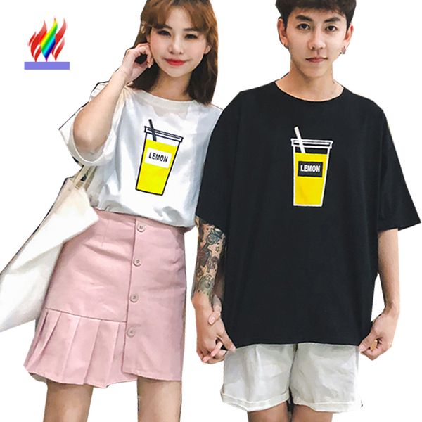 

cute t-shirts for lovers couple clothes female male summer casual printed japan korea white black matching couple t shirts