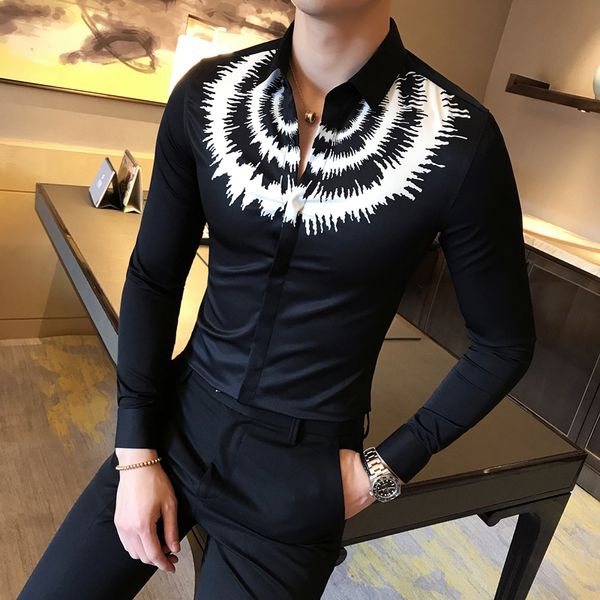 

digital print men shirt fashion 2018 spring slim fit tuxedo shirts mens long sleeve night club casual work shirt men s  xl xxl, White;black