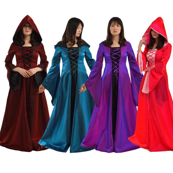 

medieval renaissance costume dresses women princess queen court maid halloween vintage hooded puff sleeve gown robe dress, Black;red