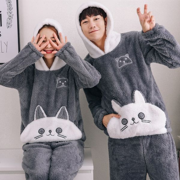 

2017 flannel couples plush pajamas set winter thicker hooded men pyjama set long pants cat animal cartoon printed pijamas hombre, Black;brown