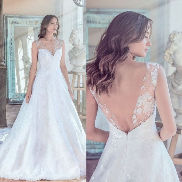 

2020 paolo sebastian wedding dresses straps v neck sleeveless lace bridal gowns princess country chapel a-line wedding dress, White