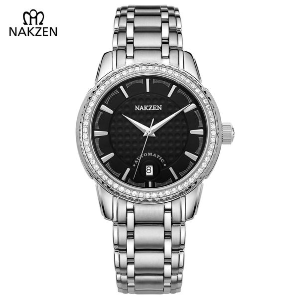 

nakzen men steel automatic watch waterproof 50m man luxury fashion business mechanical clock gents sapphire diamond dress watch, Slivery;brown