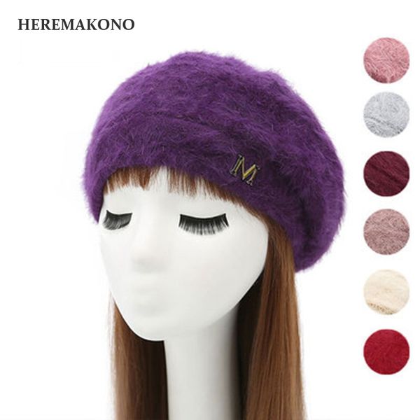 

autumn and winter ma'am with velvet letter  rabbit's hair wool cap fashion keep warm knitting bailey hat, Blue;gray