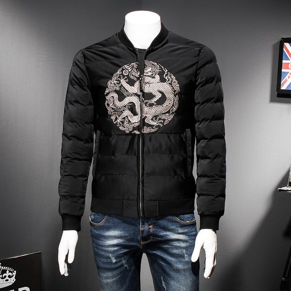 

winter jackets men fashion 2017 dragon embroidery parka men slim fit casual thick bomber jacket solid mens coats, Black