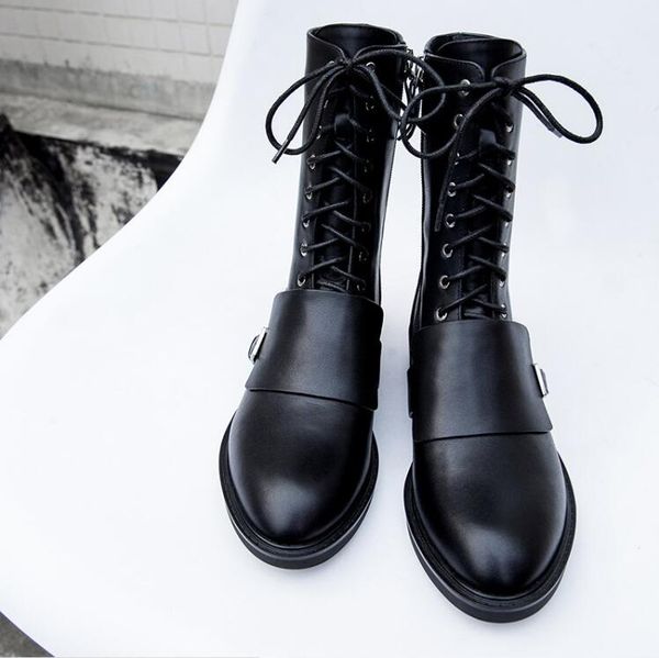 

2018 fashion autumn winter boots women round toe cross tied genuine leather boots buckle mid calf boots black