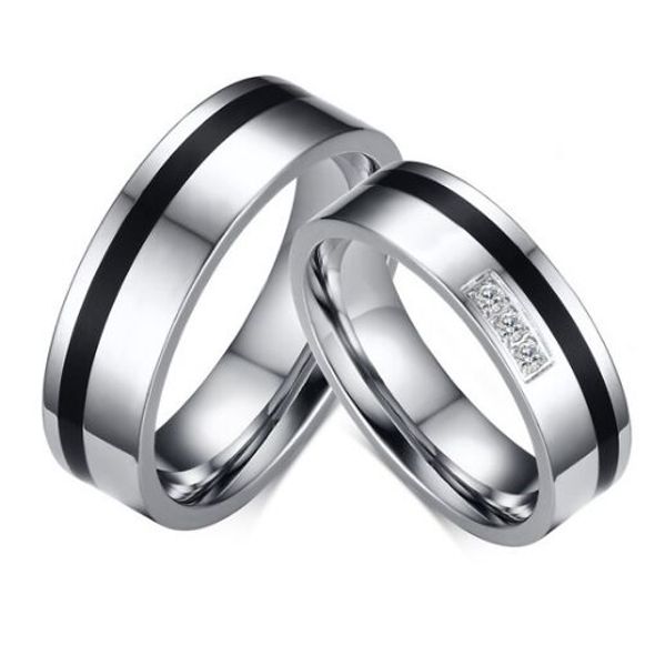 

wedding ring 6mm 316l stainless steel couple ring with black enamel inlaid and 3 cz stones for women/men comfort fit couple ring sale, Silver