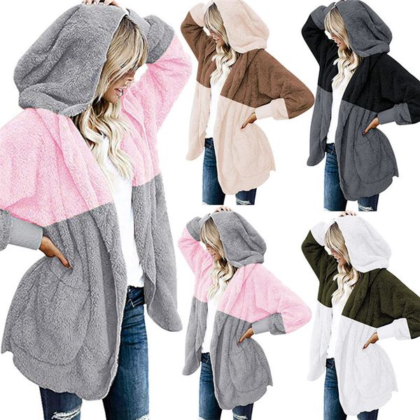 

women's splicing oversized open front hooded draped pockets cardigan coat jaqueta feminina chamarras de mujer casacos qb2, Black;brown