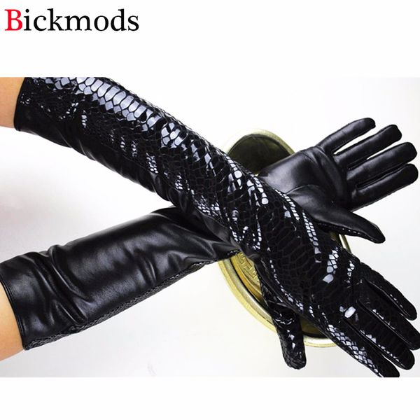 

2017 new long sheepskin leather gloves women elbow long crocodile pattern style velvet lining autumn and winter warm arm sets, Blue;gray