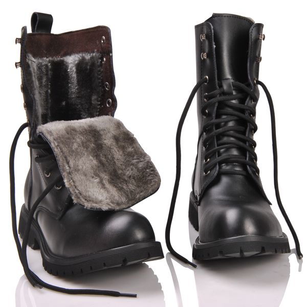 

retro combat boots winter british genuine leather military boots punk rivet charm lace up men warm plush martin boots, Black