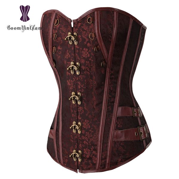 Vita Trainer Broccato Steampunk Jacquard Ecopelle Borchiato Overbust Corsetto marrone Bustier con catene S-6XL 916 #