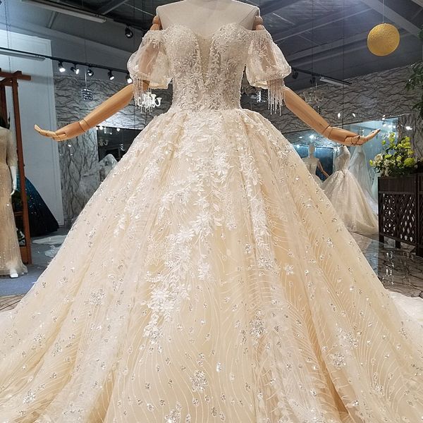 

2019 fashion wedding dresses lantern half sleeves long train shiny gown for women off the shoulder sweetheart bride dress, White