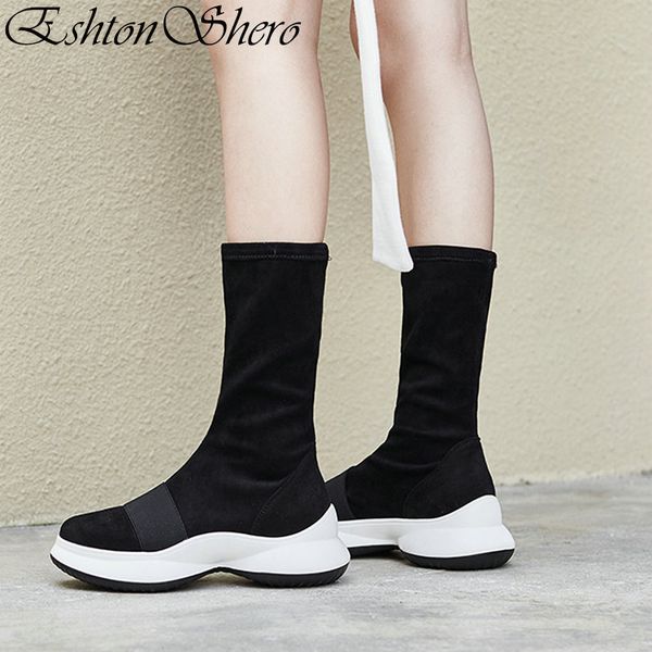 

eshtonshero winter shoes woman mid calf boots med heel round toe flock+pu lace up black women ladies sock boots size 4-11