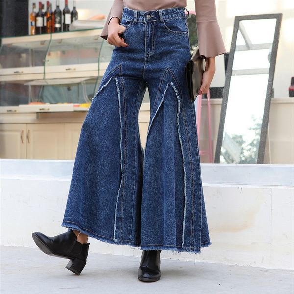 

casual patchwork flare leg wide leg denim jeans vintage butt lift high waist flared pants stretch ripped flare trousers, Blue