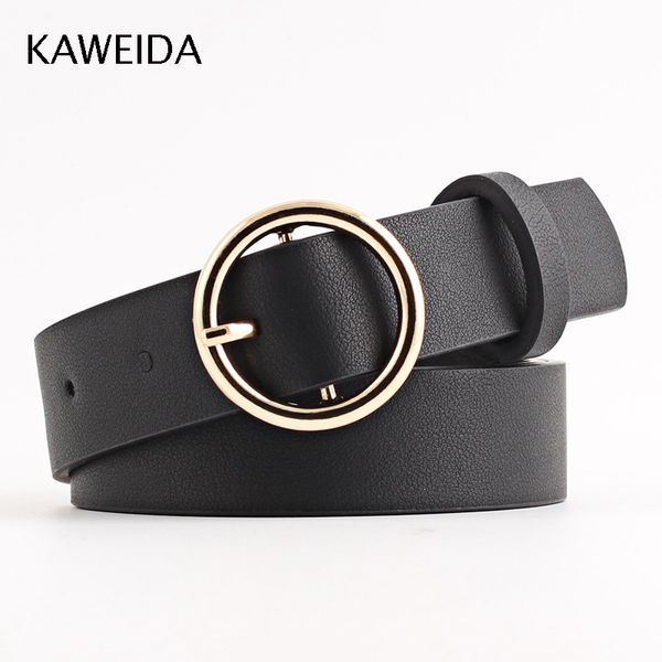 

kaweida new 2018 women's accessories female thin pu leather circle pin buckle jeans belts ladies casual belt for dress 95-105cm, Black;brown