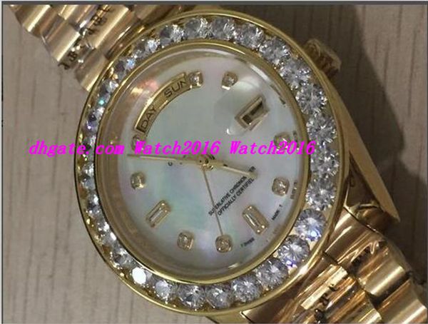 

luxury watches men's 36mm 18k gold white mop bigger diamond dial bezel quickset 2y automatic men's watch wristwatch, Slivery;brown