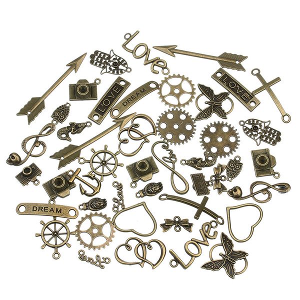 

60-80 pattern mixed 50pcs assorted carved charms pendants beads metal alloy pendant antique bronze color diy bead f2677b, Bronze;silver