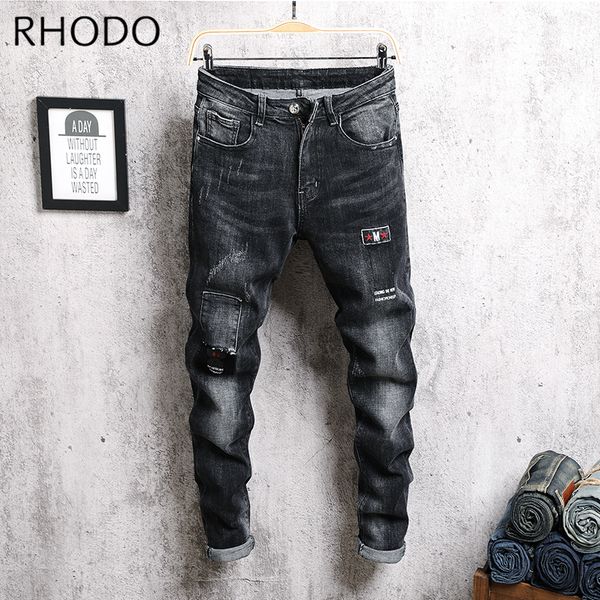 

new men's fashion retro style patchwork letter embroidery stretch denim pants slim fit straight jeans 28-36, Blue