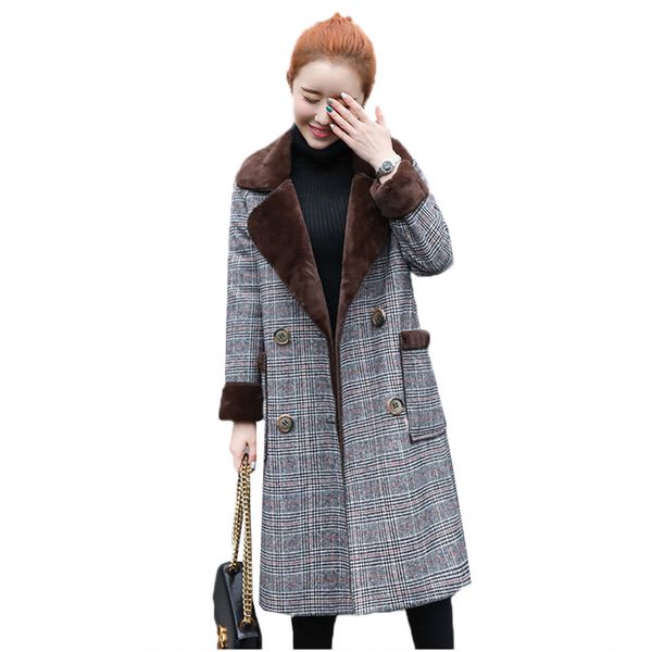 

winter women woolen coat 2018 fashion double-breasted slim plaid outerwear mid long thicken plus velvet lady woolen jacket dt440, Black