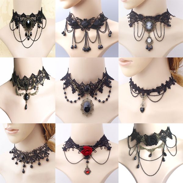 

knock lychee gothic victorian crystal tassel tattoo choker necklace black lace choker collar vintage women wedding jewelry, Silver