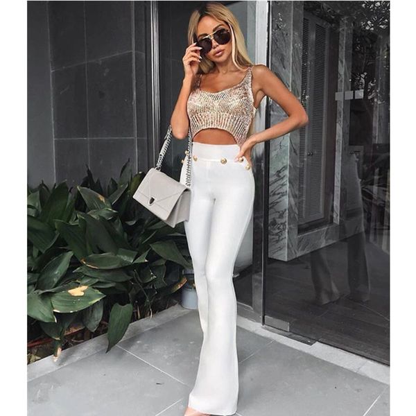 

style black red white flare pants ladies full long women pants buttons high waist bodycon bandage, Black;white