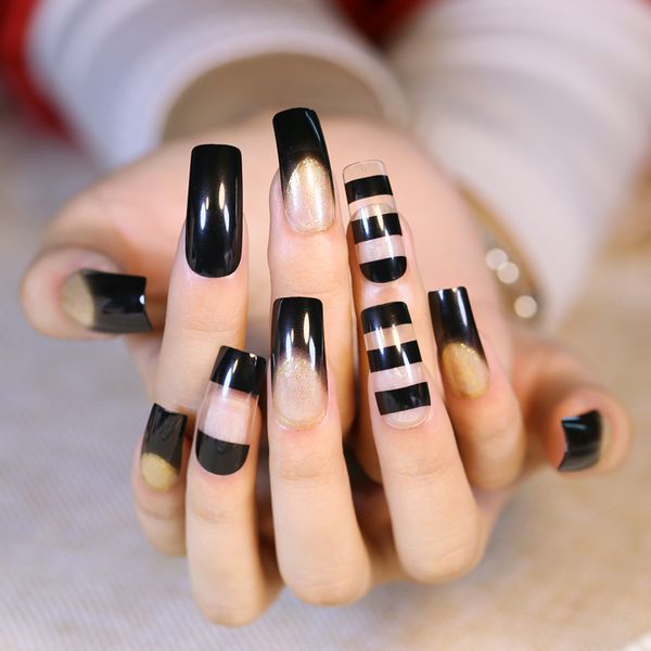 Acheter Creux Acrylique Conseils Kawaii Faux Ongles Avec Paillettes D\u0027or Noir Transparent Paillettes Longue Tête Carrée Pleine Couverture Souple De