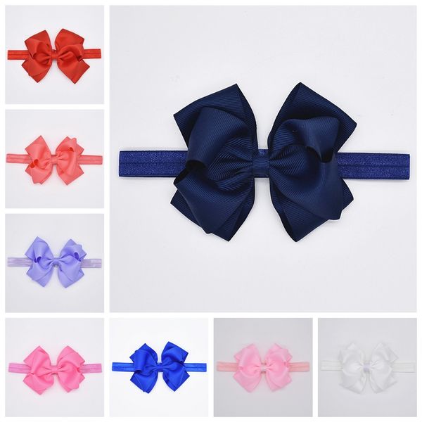

16pcs baby stretchy hair band accessories 4" solid navy grosgrain ribbon bows elastic headbands for girls bowknot headwear hd109, Slivery;white