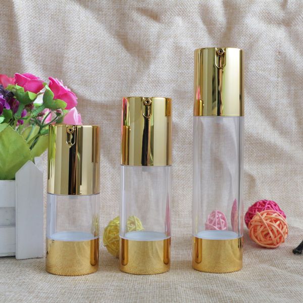 

new gold cosmetic airless lotion bottle essence serum packaging pump bottles 15ml 30ml 50ml empty makeup containers 100pcs