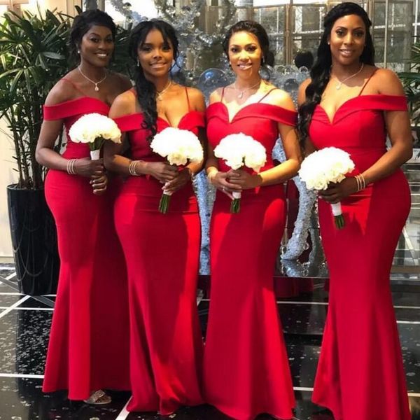 

2019 elegant off the shoulder bridesmaid dresses mermaid red satin south africa style maid of honor wedding guest prom gown custom made