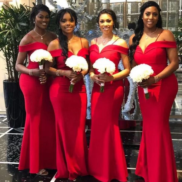 

2019 elegant off the shoulder bridesmaid dresses mermaid red satin south africa style maid of honor wedding guest prom gown custom made