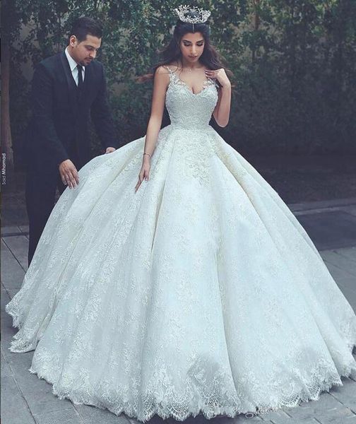 

Luxury Puffy Ball Gowns Wedding Dress Spaghetti Straps Full Lace Bridal Gown Dubai Saudi Arabia Wedding Gown With Appliques