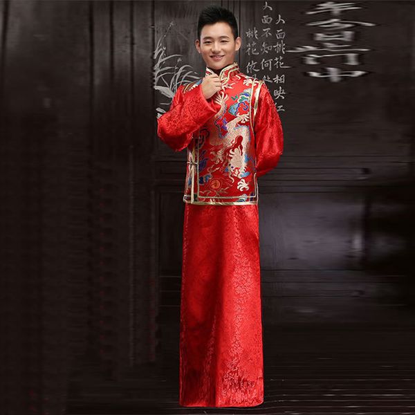 

groom satin wedding cheongsam men robe chinoise vestido oriental qi pao china long sleeve dress traditional chinese antiques, Red