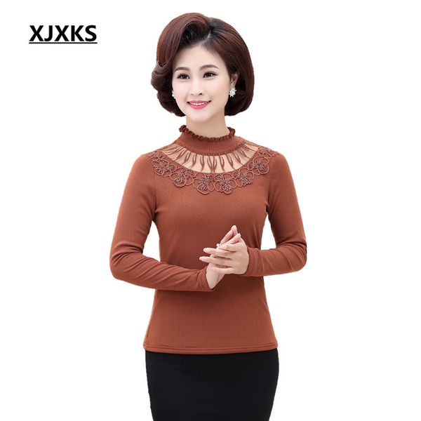 

xjxks lace neck shirts women casual knitted woman clothing long sleeve ladies bottoming t-shirt 8806, White