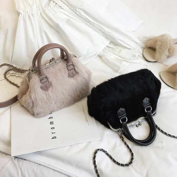 

luxury faux fur bucket bags chains women messenger bag 2018 winter plush females tote fashion pu leather girls crossbody bag new