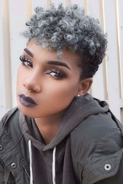 Silver Grey Hair Women Ponytail Extension Short Afro Kinky Curly