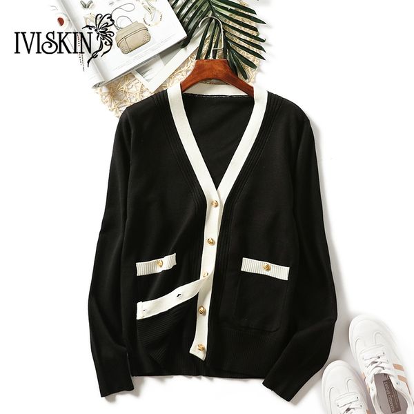 

elegant sueter mujer invierno 2018 new v neck pockets cardigan women casual sweater atumn korean lady jumper, White;black
