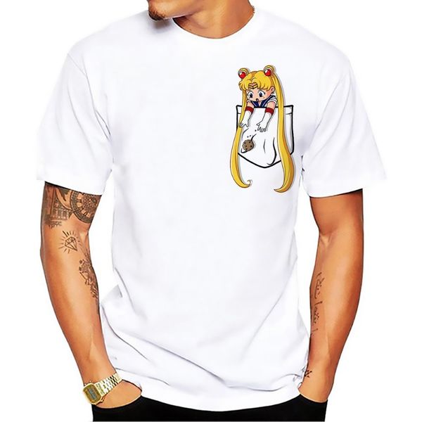 

japan anime cute sailor girl in pocket funny tshirt men summer new white short sleeve casual homme cool t shirt no glue print, White;black