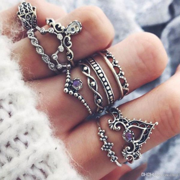 

10 pcs/set women bohemian fatima hand crown hollow caved geometric joint knuckle rings kka1103, Golden;silver
