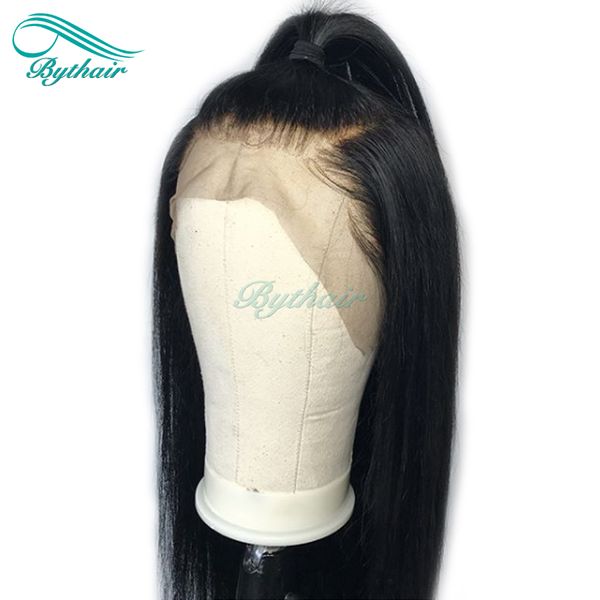 

bythair human hair lace front wig silky straight pre plucked hairline soft brazilian virgin hair full lace wig 150% density with baby hair, Black;brown