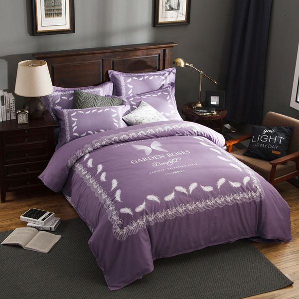 

arnigu fashion style 100% coon bedding set feather printed purple bedclothes twin double  king size quilt cover sets