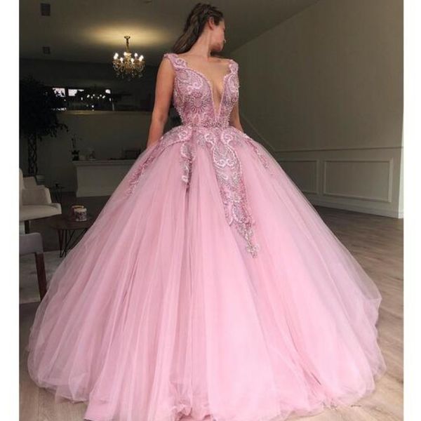 

beaded plunging v-neck prom dresses lace applique sleeveless fluffy ball gown quinceanera dress charming dubai formal evening gowns, Black