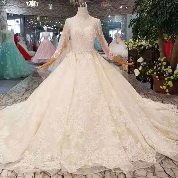 

2019 новый дизайн свадебные платья тюль высокий вырез с длинными рукавами свадебное платье с королевскими цветами поезд красоты свадебное пл, White
