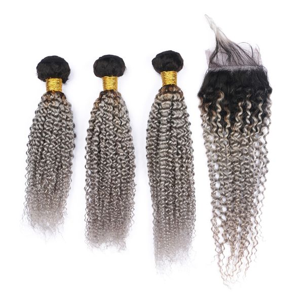 

Ombre color ilver kinky curly hair 3bundle with lace clo ure two tone 1b grey hair weave with clo ure 4pc lot