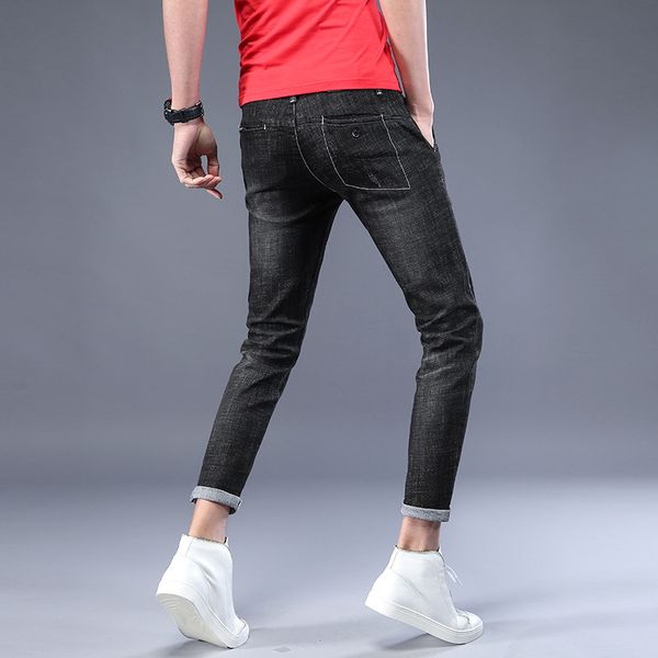 

2018 spring summer men jeans stretch skinny distressed cuffs men denim ankle-length pants pleated slim casual solid washed, Blue
