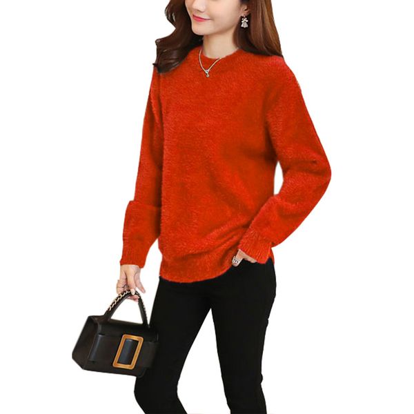 

корейская версия осень и зима новые короткие волосы норки v воротник чистые длинные рукава длинные утолщенные свободные свитер женский p1691, White