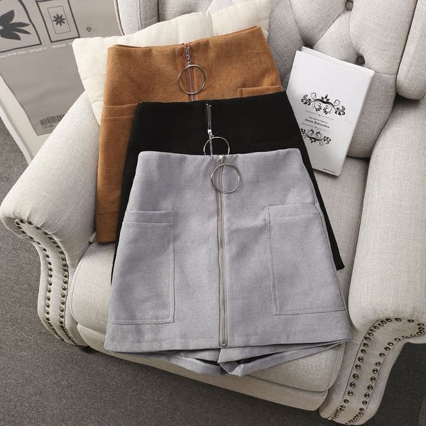 

2018 new false two piece women autumn high waist hoop zipper wide leg shorts female slim skirt lady all-match slim skirts, White;black