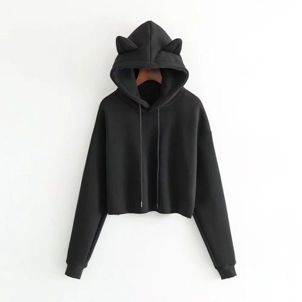 

new arrival women plus velvet hooded hoodies short kitten ears loose sweatshirt autumn winter long sleeve crop, Black