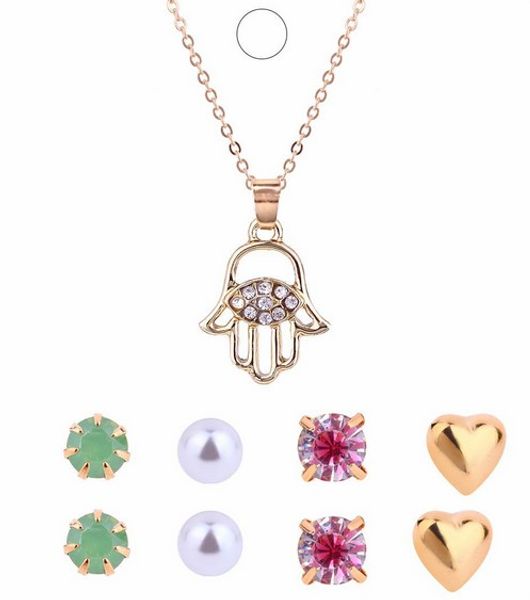 

fresh necklaces earrings sets girls /ladies gift idea hamsa hand charm jewelry sets chokers stud earrings, Golden;silver