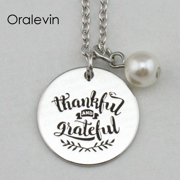

thankful and grateful inspirational hand stamped engraved custom pendant chain necklace metal stamped jewelry,18inch,22mm,10pcs/lot, #ln2297, Silver